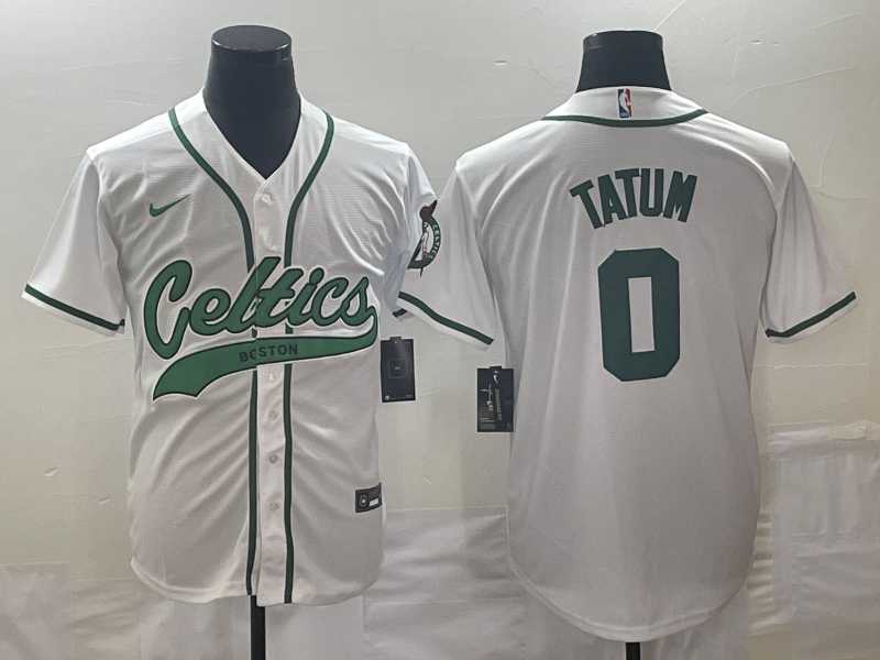 Mens Boston Celtics #0 Jayson Tatum White With Patch Stitched Baseball Jersey
